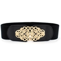 Women's black elastic waist belt with gold hollow carved floral metal buckle - EL34 Extended 75cm