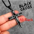 Men's all black stainless steel cross pendant necklace with multi-layer design - Black
