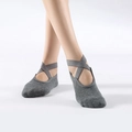 Gray cotton yoga socks featuring criss-cross straps and non-slip dotted grip soles - One Size / Dark Gray