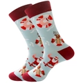 Dettaglio calzini natalizi azzurri con Babbo Natale che fa surf e motivi di renne - Taglia 38-45 / Babbo Natale Nuotatore