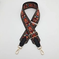 Detail of adjustable canvas bag strap with colorful ethnic embroidery and gold metal hooks - Wine Red + Black Leather + Gold Hook