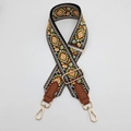 Detail of bohemian embroidery on adjustable canvas strap with gold metal lobster hooks - Light Brown + Brown Leather + Gold Hook