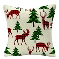 Detail of Christmas linen pillowcase with red buffalo plaid reindeer and green pine tree - Reindeer and Plaid Pine Tree (YMD34-18)