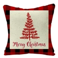 Linen Christmas pillowcase with red plaid border and festive tree print decoration - Red Plaid Tree (YMD34-25)