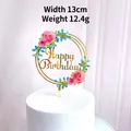 Floral Happy Birthday cake topper in gold acrylic with pink roses, width 13cm - Pink Flower HB Topper