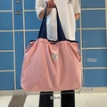 Pink foldable nylon tote bag with navy blue handles and side drawstrings, 54x42x11cm size - XL Sakura Pink