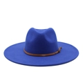 Close-up of wool felt fedora with brown leather band and metallic buckle detail - M(59cm) / Blue