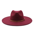 Detail of burgundy wool fedora hat featuring a wide brim and brown leather band with gold buckle - M(59cm) / Burgundy