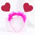 Detail of pink feather headband with red sequin hearts on springs for Valentine's Day party - Pink Feather Red Heart Antenna Headband (No. 30)