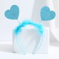 Detailed view of blue glitter heart headband with feather accents on a display stand - Blue Glitter Heart Feather Headband (No. 31)
