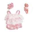 Close-up of pink polka dot doll romper and matching headband with white lace details - Pink White Polka Dot Romper and Headband