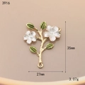 Detailed macro view of white flower and green leaf alloy charm with 35mm height dimensions - Double White Flowers (3916)