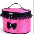 Pink polka dot makeup bag with black lace trim and decorative bow handle - Sesame Dots Rose Red Black