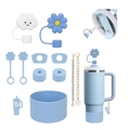 Light blue 40oz insulated tumbler set with floral straw covers and silicone boot - Blue