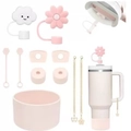 Pink floral water bottle accessory kit with silicone straw covers and butterfly charm chains - Light Pink
