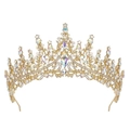 Close-up of golden crown headpiece with colorful rainbow crystals for girls' formal wear - Gold/AB Rainbow