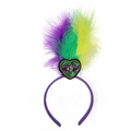 Karneval-Haarreif mit lila grün gelben Federn und einem Herz-Pailletten-Aufnäher - Dreifarbiges Feder-Herz-Pailletten-Stirnband