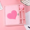 Pink plush notebook set with heart embroidery and fluffy pen in a decorative gift box - Single Notebook / Pink