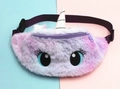 Close-up of plush unicorn waist bag with purple gradient fur and silver horn detail - Big Eyes - Light Purple