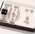 6-piece rose gold watch and jewelry set with heart crystal accents in a luxury gift box - Rose Gold Set (Orange Large Box)