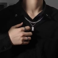 Men's silver double-layer chain necklace with rectangular pendant worn with rings - Venus Necklace / 50 cm