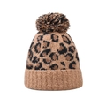 Winter knit beanie with leopard print pattern and brown pom pom on top - Khaki Leopard