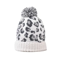 Detailed close-up of leopard print knit beanie featuring a bicolored pom-pom on top - White Leopard