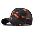 Detail view of camouflage trucker hat with orange patterns and breathable brown mesh back - Adjustable / Orange Camo Mesh