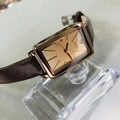 GEDI minimalistisch rechthoekig horloge met roségouden kast en bruine lederen band - Bruin