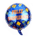 Palloncino rotondo in alluminio blu con scritta Feliz Cumpleaños arancione e regali - 18 Pollici Spagnolo Buon Compleanno - Regalo Blu