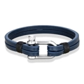 Bracelet pour homme en cuir bleu double couche avec fermoir en U en acier argenté - Bleu-noir