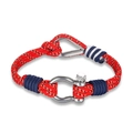Detail of red paracord bracelet featuring a polished stainless steel horseshoe shackle buckle - Red