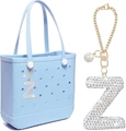 Light blue EVA beach bag with a sparkling rhinestone letter Z keychain pendant - M / Light Blue