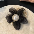 Elegant black organza flower hair scrunchie with large pearl and rhinestone center decoration - Black