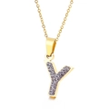 Ciondolo a lettera Y dorato con cristalli micro-pave scintillanti su fondo bianco - Lettera Y (KN89553-K)