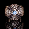 Vintage punk men's cross ring with blue gemstone inlay and retro metal texture - US 7 / Rose Gold