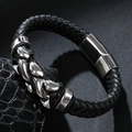 Men's hip-hop black braided leather bracelet with silver metal dragon head magnetic clasp - Black