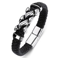 Men's hip hop braided black leather bracelet with polished metal magnetic clasp - Black