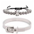 Bracelet couronne à perles argentées et jonc à boucle en acier inoxydable sur fond blanc - 1 Ensemble Or Blanc