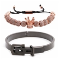 Detail von Roségold Kronen-Perlenarmband und schwarzem Gürtelschnalle-Armreif Set - 1 Set Roségoldene Krone + Schwarzer Armreif