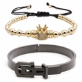 Roman numeral stainless steel bangle with crown rhinestone beaded adjustable bracelet set - Set 1 / Gold Crown + Black Bangle