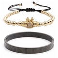 Roman numeral stainless steel cuff and gold crown beaded bracelet set for men - Tools Set Combo / Gold Crown Bracelet + Black Bangle
