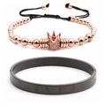 Detail of rose gold crown charm bracelet and black roman numeral engraved bangle set - Tools Set Combo / Rose Gold Crown Bracelet + Black Bangle