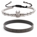 Detail view of silver crown charm bead bracelet and black Roman numeral cuff set - Tools Set Combo / Platinum Crown Bracelet + Black Bangle