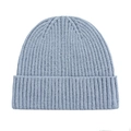 Detailed view of the light blue ribbed knit texture and folded cuff of the beanie hat - One Size / Light Blue