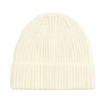 Detailed view of the creamy white knitted rib texture and folded cuff on this beanie hat - One Size / Milk White
