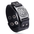 Nordic Viking Tree of Life wide leather bracelet with embossed metal plate and snap button - Black Leather Antique Silver Metal (Tree of Life)
