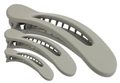 Three grey matte plastic hair clips in small, medium and large sizes on white background - Gray