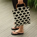 Retro polka dot handbag with natural bamboo handle and double-layer pop art design - Black and White Large Polka Dots