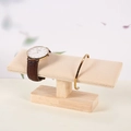 Single T-bar jewelry stand with beige velvet roll and rubber wood base for watches - H8cm*L20cm*W6cm / Beige
